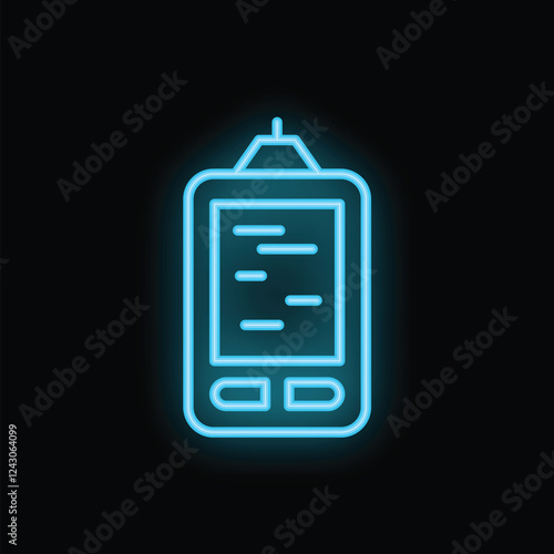 Glowing neon icon of a glucometer measuring glucose, an essential tool for managing diabetes and monitoring blood sugar