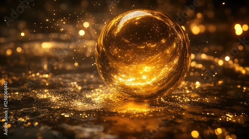 A levitating golden sphere surrounded by a subtle halo of light, mystical and futuristic. photo