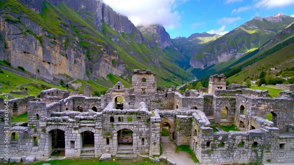 Obraz premium Mountain fortress walls towering above rocky valley, exposing weathered medieval stonework against dramatic alpine backdrop