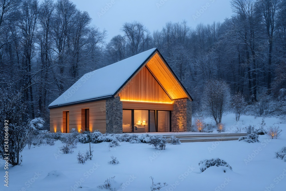 Modern wooden chalet glowing in snowy winter wonderland at dusk Modern wooden chalet glowing in snowy winter wonderland at dusk