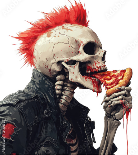 Punk Skeleton Enjoying a Bloody Pizza: A Surreal Digital Artwork