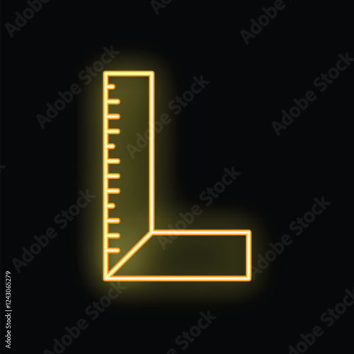 Yellow neon sign illuminating a try square on black background