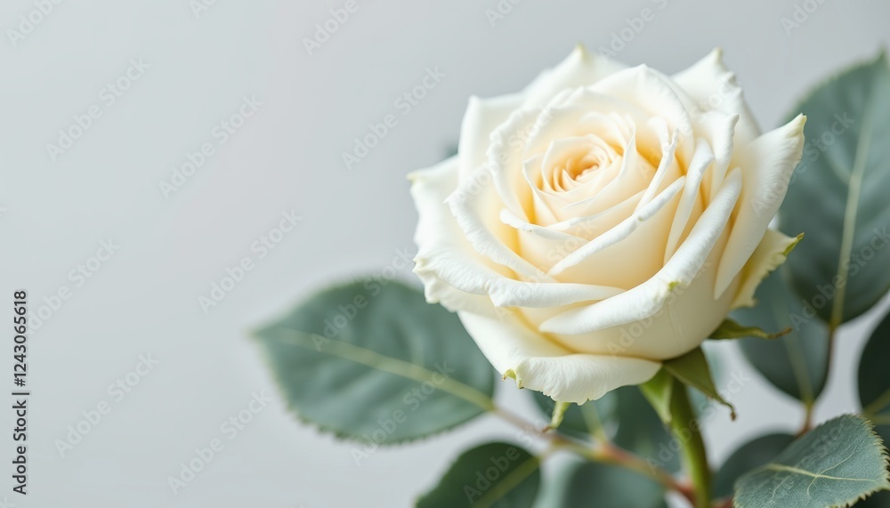 White rose with delicate petals and green leaves on light background Flower arrangement for flower shops and gift boutiques White rose with delicate petals and green leaves on light background Flower arrangement for flower shops and gift boutiques