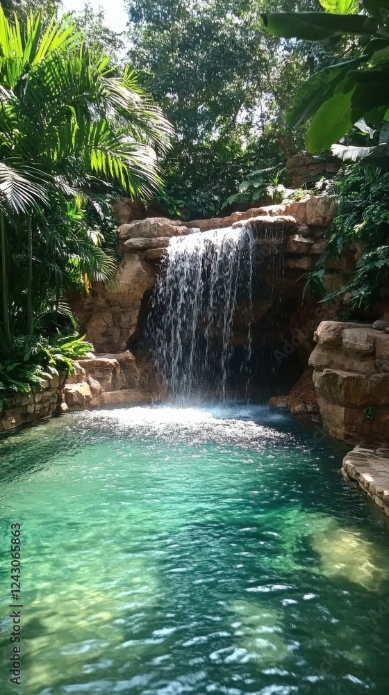 Naklejka premium Waterfall cascading into a lush green pool, refreshing nature scene. Vertical