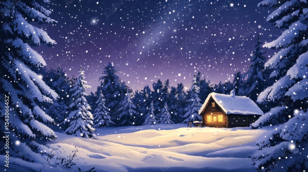 A serene winter scene featuring a cozy cabin surrounded by snow-covered trees and falling snow. A serene winter scene featuring a cozy cabin surrounded by snow-covered trees and falling snow.