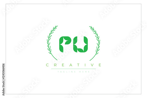 PU letters eco logo with leaf. Fresh nature and healthy leaf logo design.