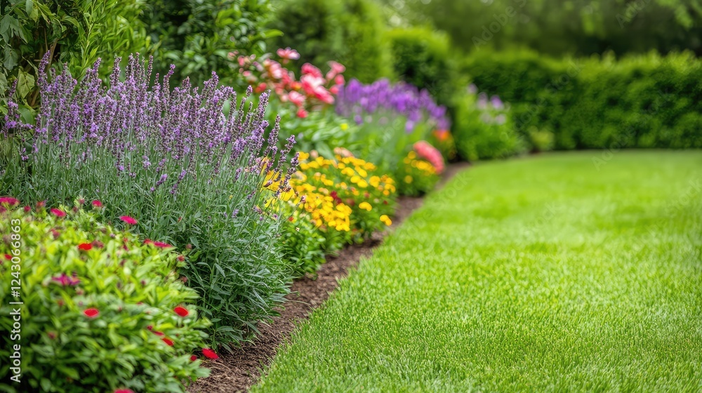 A row of blooming perennial plants with various colors, set against a blurred garden background perfect for design elements. A row of blooming perennial plants with various colors, set against a blurred garden background perfect for design elements.