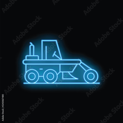 Blue neon style icon of a snow removal vehicle working on a black background, great for use on a website or social media