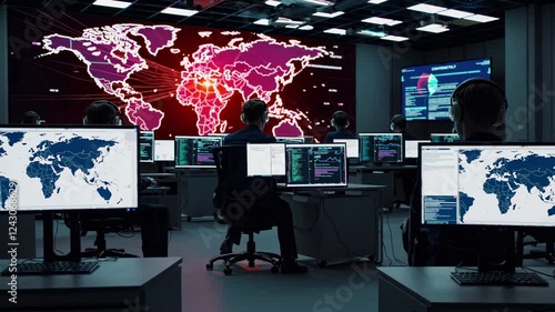 Team collaborates in a high-tech control room focused on global cybersecurity operations and threat analysis