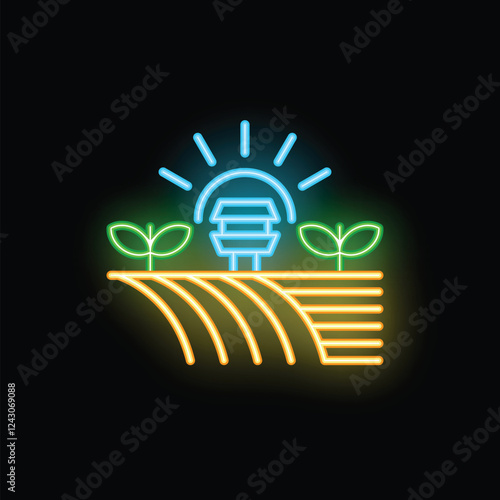 Vibrant neon sign depicting a picturesque farmland scene with lush plants, a charming barn, and the radiant sun shining above