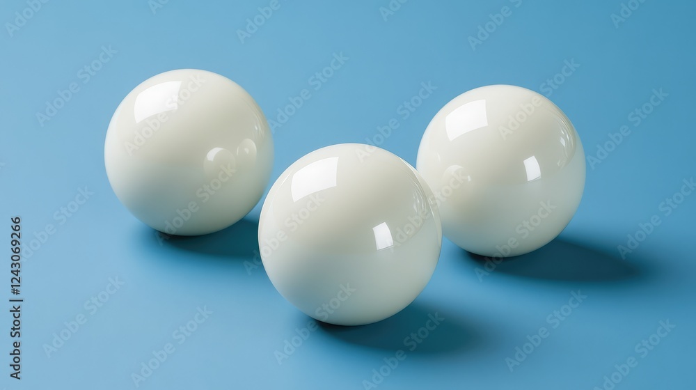 A set of three white billiard balls arranged in a triangular formation on a smooth blue table, sleek and professional. A set of three white billiard balls arranged in a triangular formation on a smooth blue table, sleek and professional.