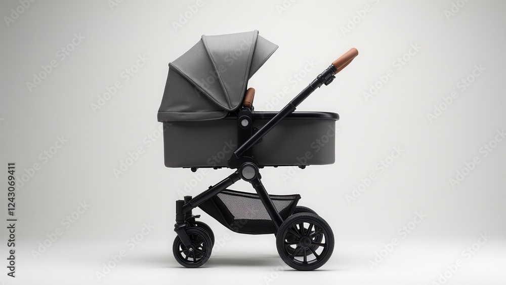 A modern baby stroller with a sleek design, featuring a grey fabric canopy and a black frame with brown handles, suitable for urban environments. A modern baby stroller with a sleek design, featuring a grey fabric canopy and a black frame with brown handles, suitable for urban environments.