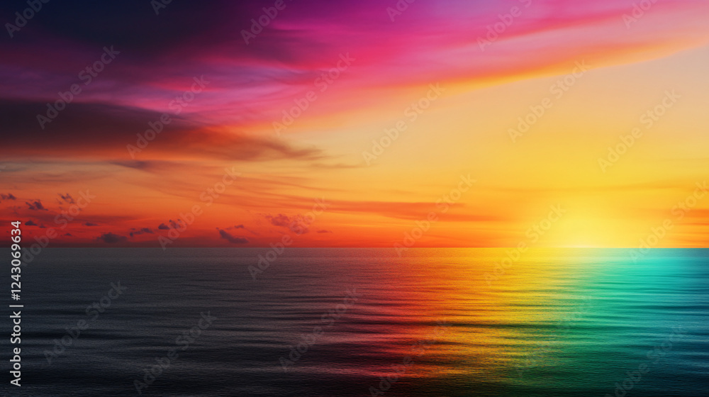 Fototapeta premium Breathtaking photograph of vibrant colorful sunrise over ocean, showcasing stunning gradient of colors reflecting on water surface, evoking sense of peace and tranquility