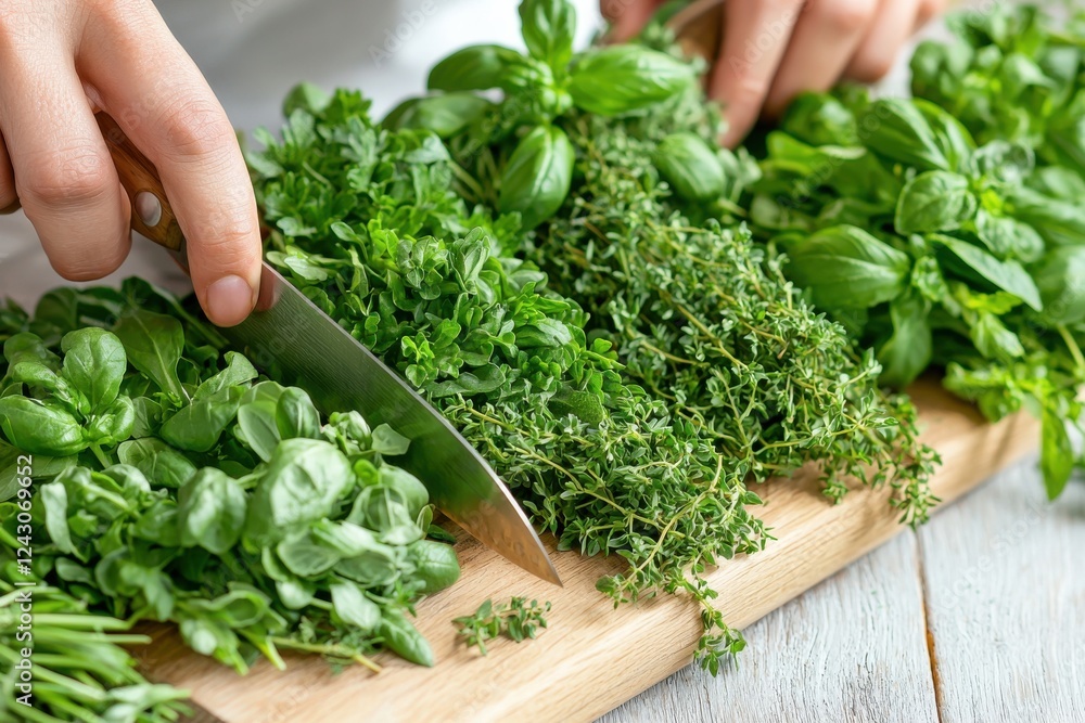 Close-up of hands chopping fresh green herbs on a wooden cutting board. Culinary and cooking preparation concept. Close-up of hands chopping fresh green herbs on a wooden cutting board. Culinary and cooking preparation concept.