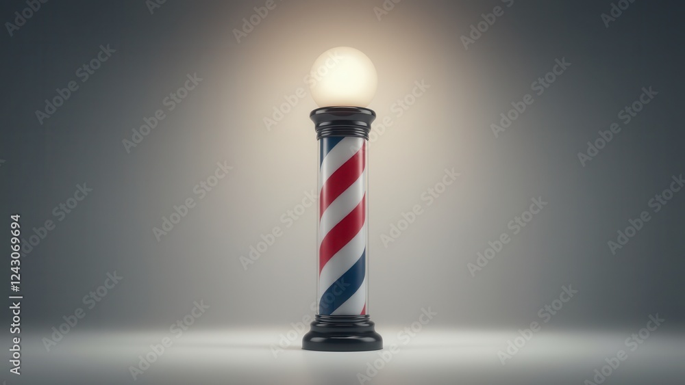 A classic barber pole with red, white, and blue stripes, topped with a glowing white globe, symbolizing traditional barber shops.
