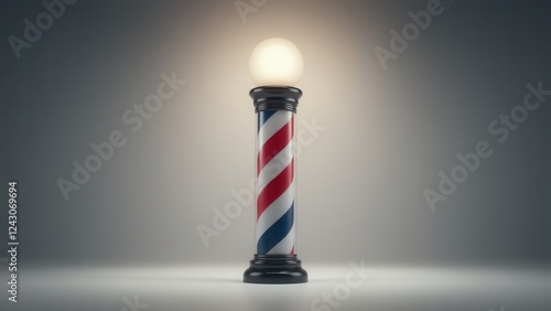 Obraz na płótnie A classic barber pole with red, white, and blue stripes, topped with a glowing white globe, symbolizing traditional barber shops. w salonie