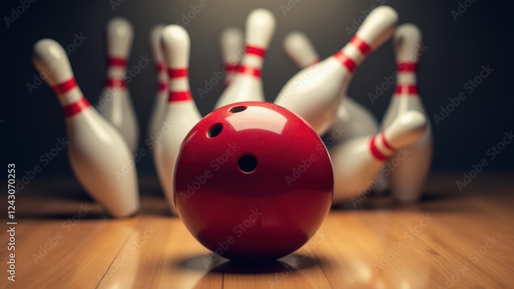 A red bowling ball with finger holes is positioned in front of several white bowling pins with red stripes, some of which are falling over on a wooden lane.