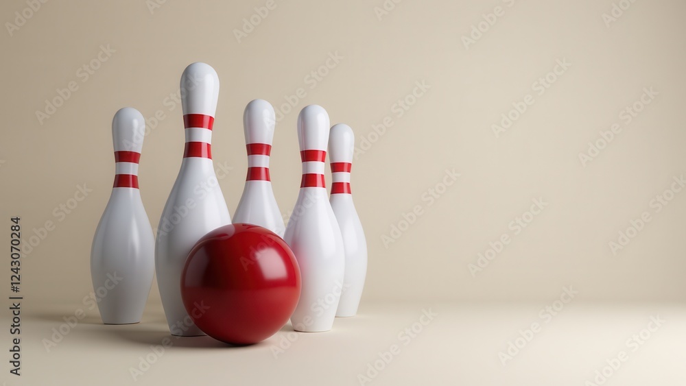 A red bowling ball is positioned in front of five white bowling pins with red stripes, ready for a strike. A red bowling ball is positioned in front of five white bowling pins with red stripes, ready for a strike.