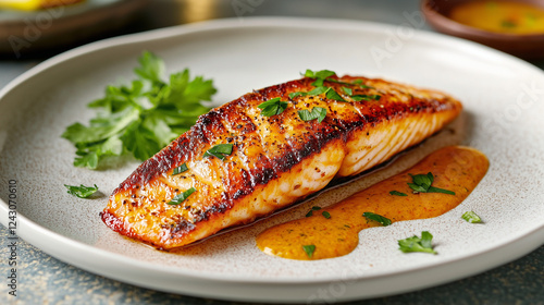 Lab-grown fish fillet on wh...
