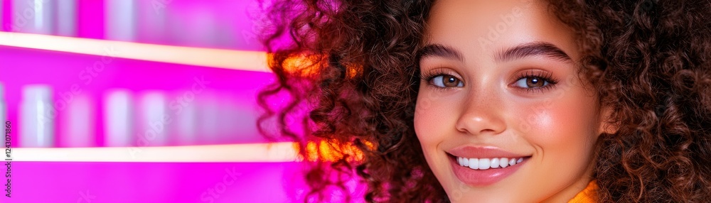 A smiling young woman with curly hair stands in front of colorful lighting, exuding confidence and happiness. A smiling young woman with curly hair stands in front of colorful lighting, exuding confidence and happiness.