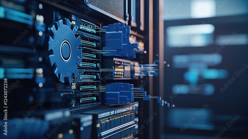 Obraz premium Glowing Blue Gear in Server Rack