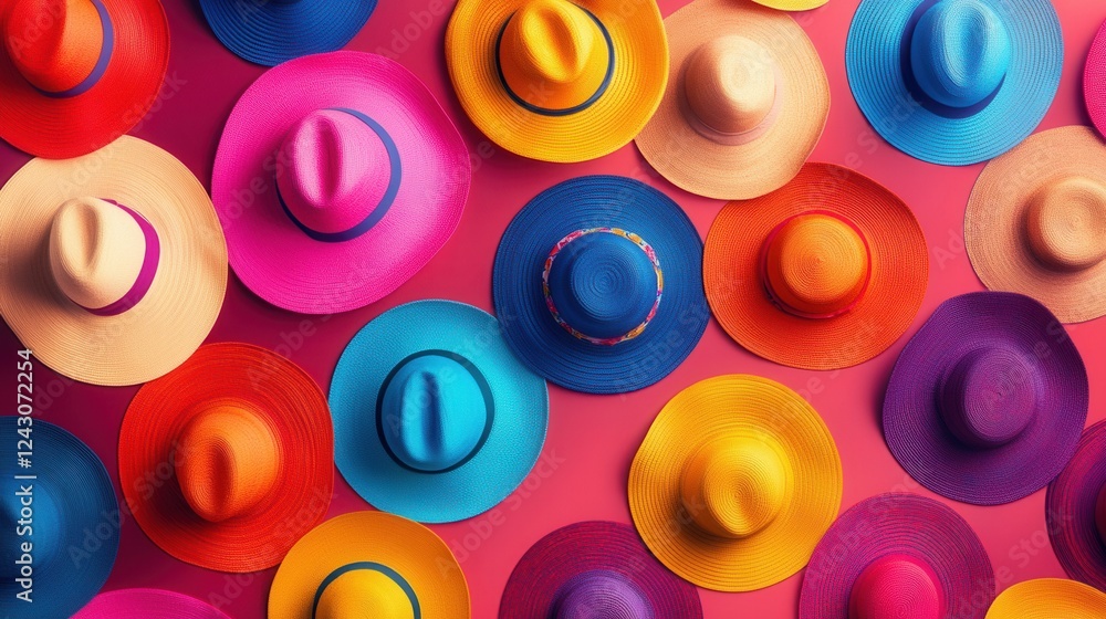 Vibrant hats in playful patterns, diverse colors, casual arrangement, suitable for graphic design or digital projects Vibrant hats in playful patterns, diverse colors, casual arrangement, suitable for graphic design or digital projects