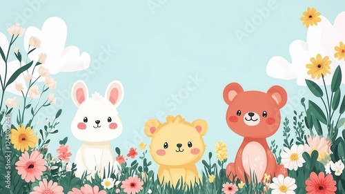 Whimsical baby shower invitation with cute animal illustrations flat design front view joyful theme cartoon drawing Split-complementary color scheme