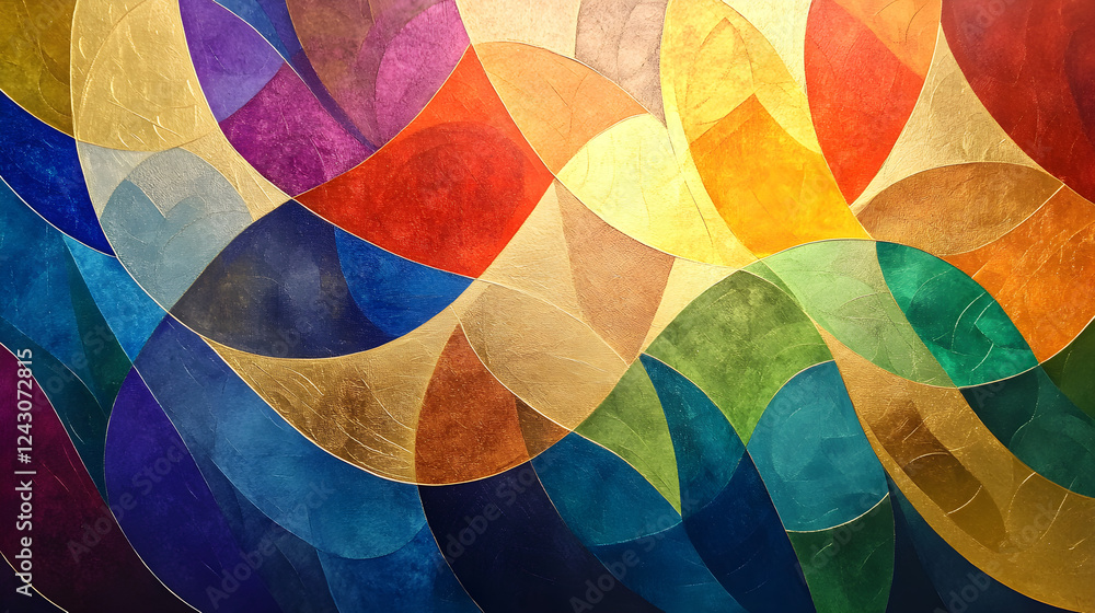 Fototapeta premium Geometric curves in rainbow shades blending with gold accents and a tiny shamrock