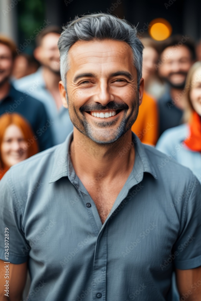 smiling man with a mustache and a beard in front of a group of people smiling man with a mustache and a beard in front of a group of people