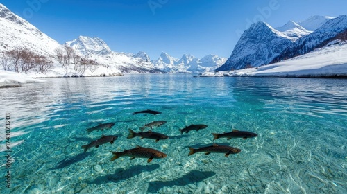 Arctic char swimming in crystal clear water, snowy mountains background; nature scene