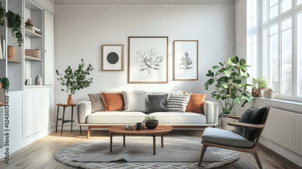 Modern Minimalist Living Room Interior Design with Neutral Tones and Greenery Modern Minimalist Living Room Interior Design with Neutral Tones and Greenery