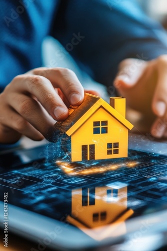 A homebuyer securing a property loan through AI-driven fintech solutions, digital banking revolutionizing real estate financing