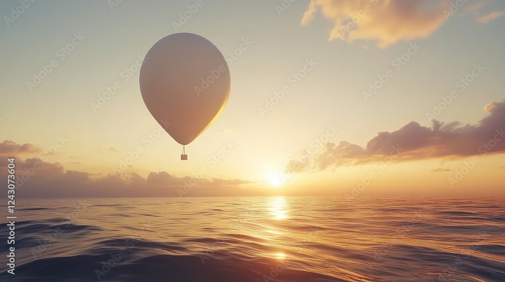 Fototapeta premium A single white balloon drifting above an ocean horizon at sunset, soft golden glow, calm and inspiring composition.
