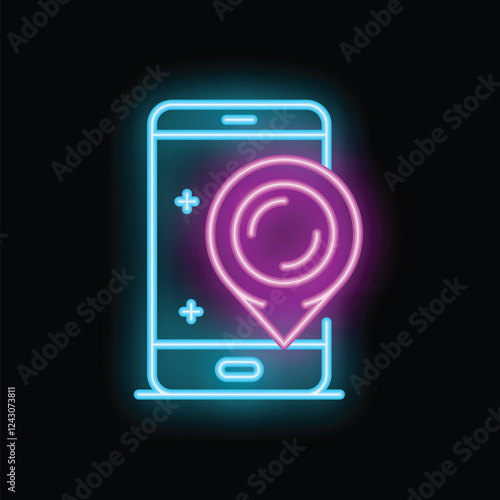 Vibrant neon illustration featuring a smartphone with a prominent location pin, symbolizing gps, navigation, and location based services
