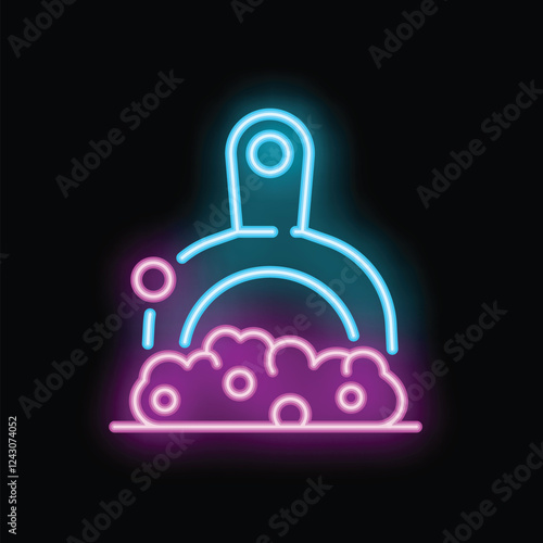 Neon scoop picking up pet poop with bubbles on black background