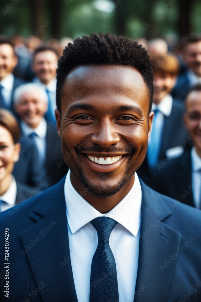 smiling man in suit and tie standing in front of a group of people smiling man in suit and tie standing in front of a group of people