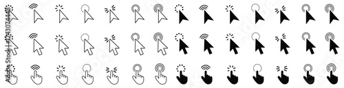 mouse cursor arrow click pointer icon set in editable stroke and solid style vector illustration isolated on white bg.