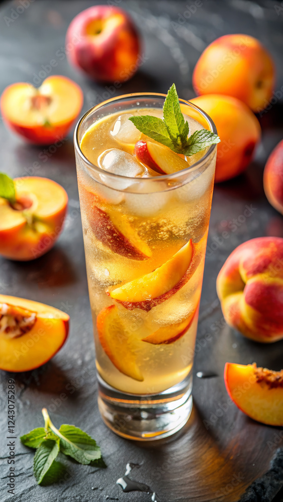 Refreshing peach lemonade drink with fresh peach slices on a dark background Refreshing peach lemonade drink with fresh peach slices on a dark background