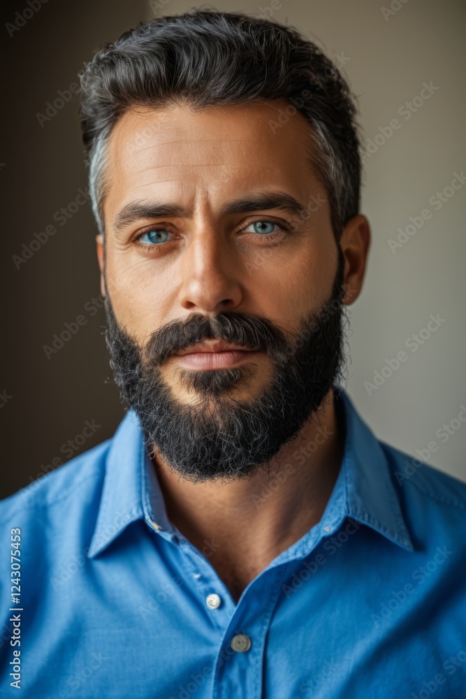Fototapeta premium arafed man with a beard and a blue shirt looking at the camera