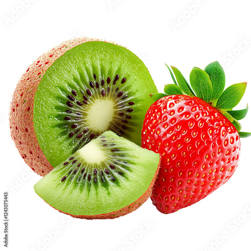 Fresh kiwi and strawberry, vibrant colors with detailed textures, isolated on white background