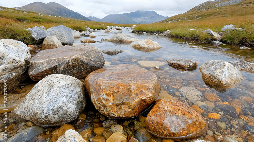 Mountain stream flows over smooth rocks, autumn landscape Mountain stream flows over smooth rocks, autumn landscape