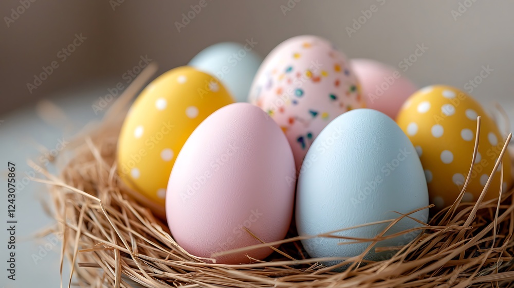 Easter day celebration with pastel tone easter eggs in a nest spring vibes close-up view Easter day celebration with pastel tone easter eggs in a nest spring vibes close-up view