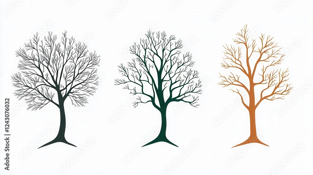 Obraz premium Minimalist tree silhouettes in earthy greens and browns, ideal for eco-friendly designs, seamless integration on various backgrounds