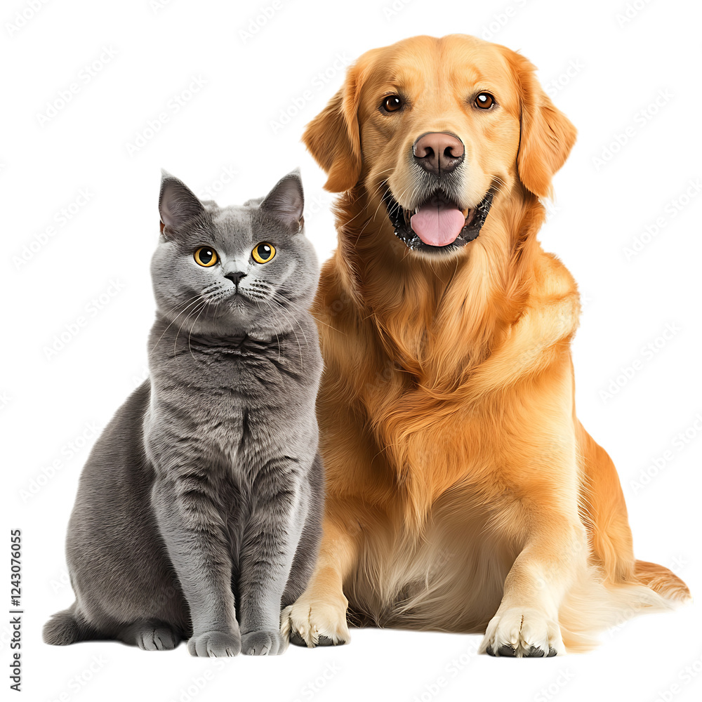 Fototapeta premium Golden Retriever dog and a gray cat sitting side by side, friendly expression, isolated on white background