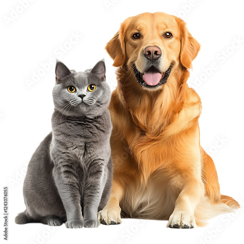 Golden Retriever dog and a gray cat sitting side by side, friendly expression, isolated on white background