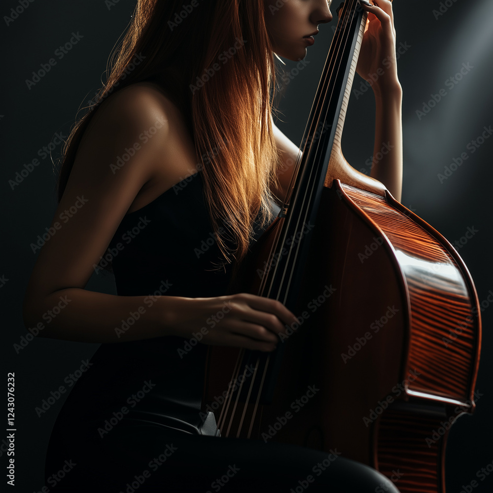 Frau spielt Kontrabass, Lichtstrahlen beleuchten ihre Silhouette. Kunstvolle Darstellung von Musik und Leidenschaft, ideal für kulturelle und musikalische Themen Frau spielt Kontrabass, Lichtstrahlen beleuchten ihre Silhouette. Kunstvolle Darstellung von Musik und Leidenschaft, ideal für kulturelle und musikalische Themen