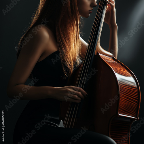 Frau spielt Kontrabass, Lichtstrahlen beleuchten ihre Silhouette. Kunstvolle Darstellung von Musik und Leidenschaft, ideal für kulturelle und musikalische Themen photo