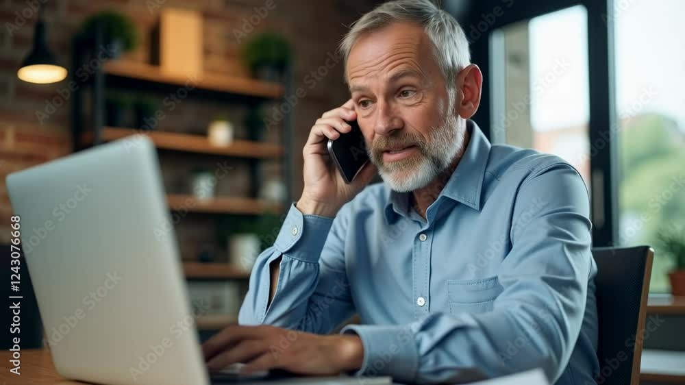 Focused Senior Man Engaged in a Phone Call while Working on Laptop in a Modern Home Office Setting, Surrounded by Stylish Decor and Natural Light Focused Senior Man Engaged in a Phone Call while Working on Laptop in a Modern Home Office Setting, Surrounded by Stylish Decor and Natural Light