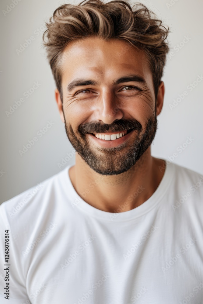 smiling man with beard and mustache wearing white shirt and white t - shirt smiling man with beard and mustache wearing white shirt and white t - shirt