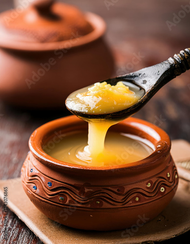 GeneraA2 cow ghee or clarified butter in a traditional vessel with a spoonful taken out, commonly used for puja rituals and a healthy lifestyle